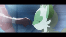 a close up of a person holding a green and white animal