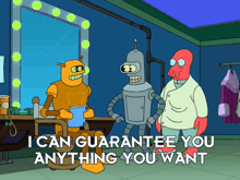 a cartoon of three robots with the words " i can guarantee you anything you want " at the bottom
