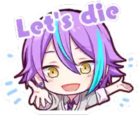 a cartoon of a girl with purple hair and blue streaks saying let 's die