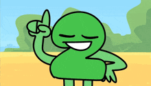 a green cartoon character is smiling and pointing up with his finger