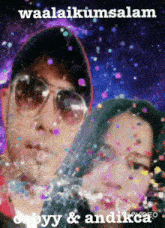 a man and a woman are surrounded by confetti and the words waalaikussalam