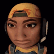 a close up of a cartoon character 's face with headphones on .