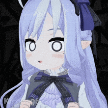a girl with purple hair and a purple bow on her head
