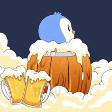 a penguin is sitting on top of a wooden barrel with two mugs of beer next to it
