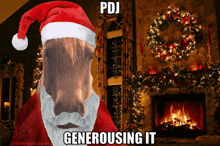 a horse with a santa hat and beard says pdj generously