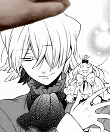 a black and white drawing of a man holding a stuffed doll