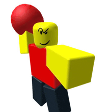 a yellow and red roblox character with a red boxing glove