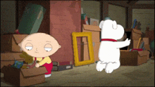 a cartoon character named stewie griffin is standing next to a dog