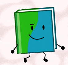a green and blue book with arms and legs and a smiling face