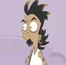 a cartoon character with a beard and piercings is standing in front of a purple background .