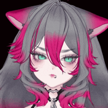 a close up of a girl 's face with pink hair