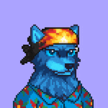 a pixel art of a blue wolf with a headband on