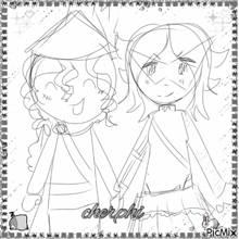 a black and white drawing of a boy and a girl with cherphi written on the bottom right