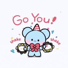 a teddy bear wearing a party hat and bow tie is holding a pair of rings and says go you shake