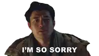 a man in a jacket says i 'm so sorry on a white background
