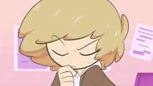 a cartoon drawing of a girl with blonde hair and a brown jacket