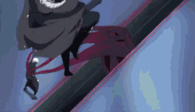 a man is walking down a escalator while a monster is coming down the escalator .