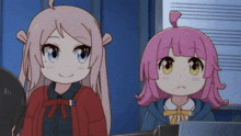 two anime girls with pink hair and blue eyes