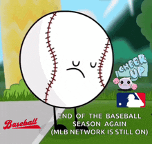 a cartoon of a baseball with an angry face and the words end of the baseball season again