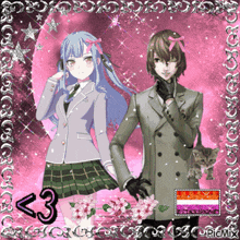 a couple of anime characters standing next to each other with a pink background and a rainbow flag