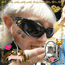 a man wearing sunglasses is surrounded by cats and a picture of a heart with picmix written on the bottom