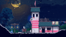 a pixel art drawing of a house with a pink and white striped roof