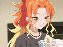 a girl with orange hair and yellow eyes is holding an egg in her hand