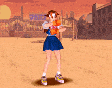 a girl in a blue skirt is running in front of a sign that says magazine