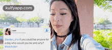 a woman in a denim shirt is looking at her phone with a tweet from kulfyapp.com next to her
