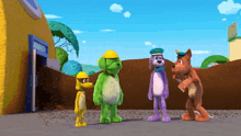 a group of cartoon characters are standing next to each other