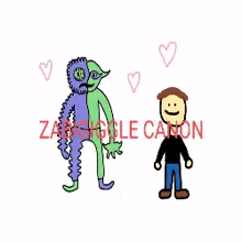 a cartoon of a man standing next to a monster with hearts around them .