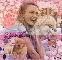 a picture of a girl hugging another girl with the words hugs on the bottom