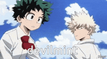 a couple of anime characters are standing next to each other with the words devilmint written on the bottom .