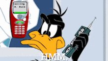 a cartoon of a duck talking on a cell phone with the words " hmm " below it