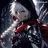 a man with white hair and red eyes is wearing a black hood and holding a bow and arrow