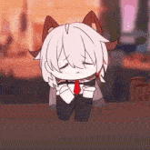 a cartoon character with white hair and brown ears is sitting at a table with his eyes closed .