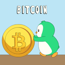 a penguin is pushing a large gold coin with a b on it