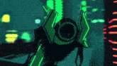 a cartoon drawing of a robot with a green glowing head