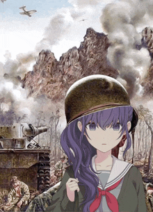 a girl with purple hair wearing a helmet stands in front of a battle scene