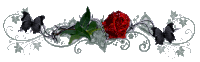 a floral design with a red rose and black butterflies