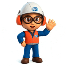 a cartoon character wearing a hard hat and ear muffs with the letters gt on his chest