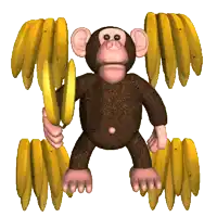 a monkey holding a banana in front of a bunch of bananas on a white background