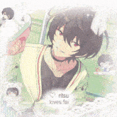 a drawing of a boy with the words " ritsu loves fai " on the bottom