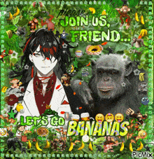 a picture of a man and a chimpanzee with the words let 's go bananas on the bottom