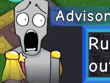 a cartoon character with a surprised look on his face is standing in front of a sign that says advisor ru ou