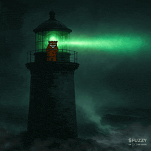 a lighthouse with a green light coming out of it and the word fuzzy on the bottom