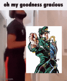 a man standing next to a picture of jotaro kujo