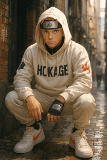 a man wearing a hoodie that says hokage on it