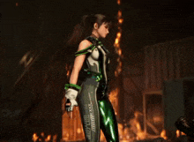 a woman in a futuristic outfit stands in front of a fireplace