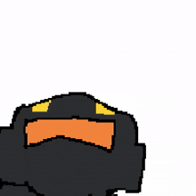 a pixel art drawing of a girl with yellow hair and a black monster with an orange mouth